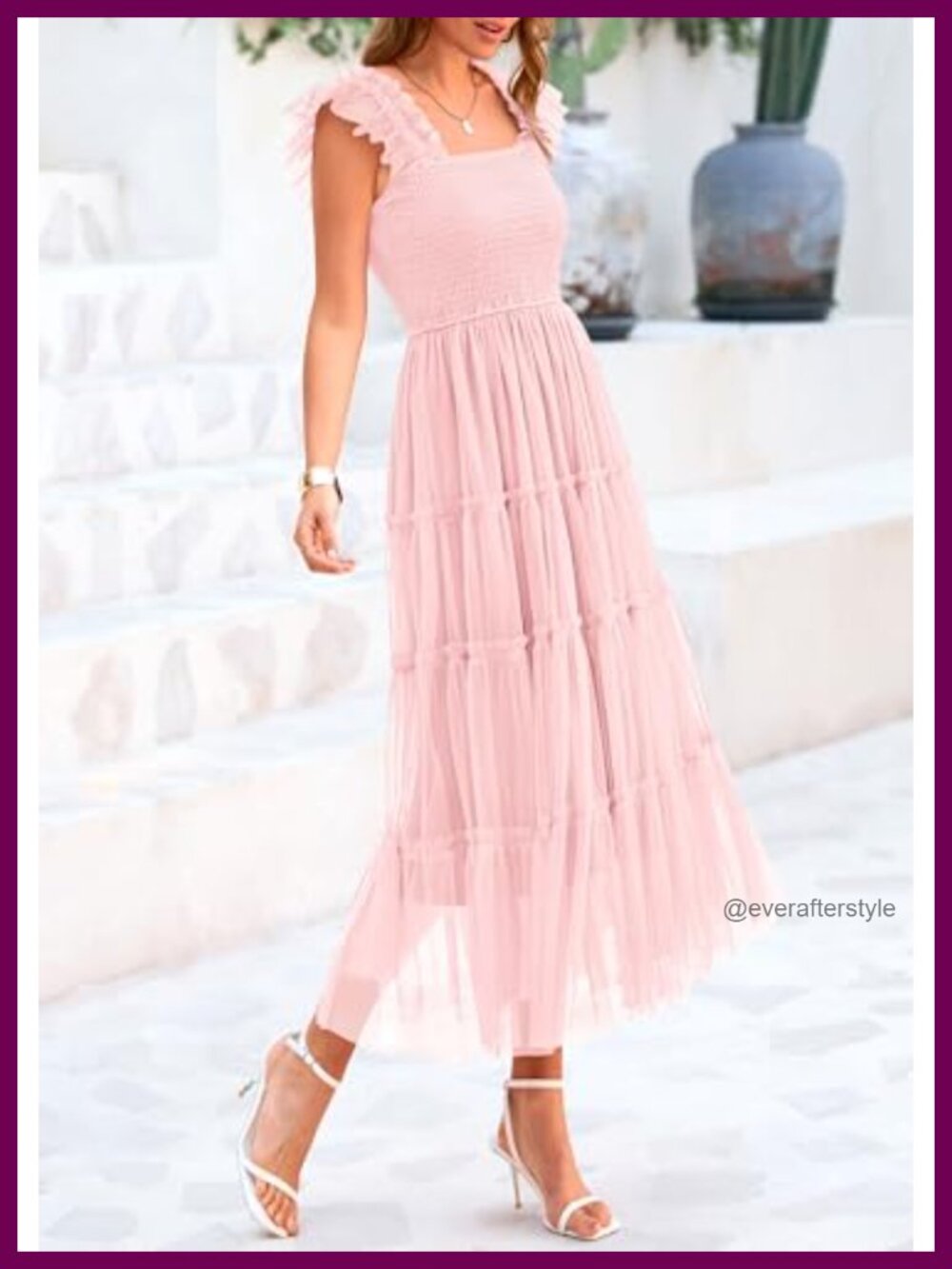 Women's Summer Smocked Midi Tulle Dress - Picture 5 of 6